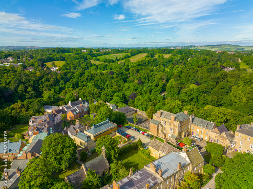 Durham University St John's College aerial view in summer. The university with Durham Castle, Durham Cathedral are the UNESCO World Heritage Site since 1986. 