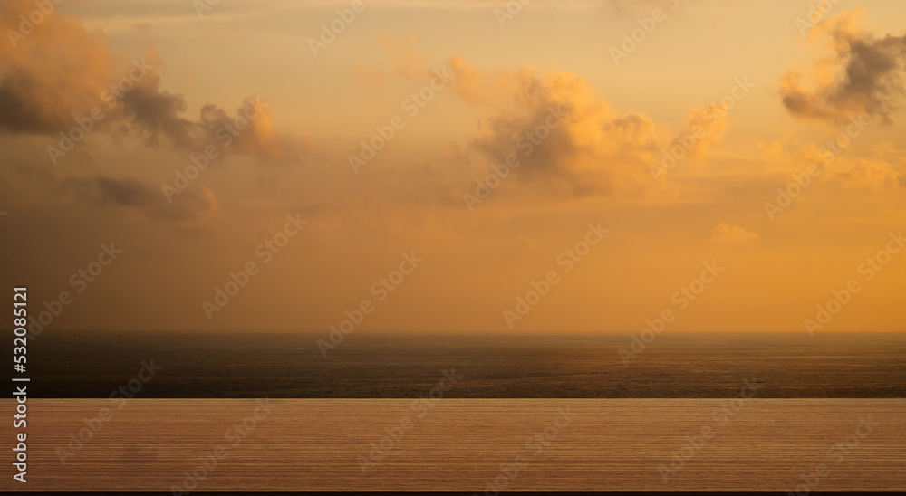 Empty Wooden Table on Gold Sea Summer Background,Blank desk water ocean,Gold sky Horizon Landscape Outdoor photo backdrop,Mockup Board for Presentation,Tropical Nature Tourism.