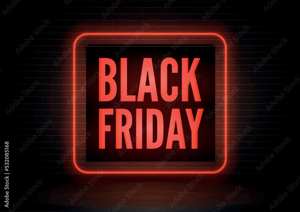 Obraz premium Black friday total sale vector banner template. Stylish capital letters inscription illuminated with neon outline. seasonal shopping event ads on 3d cube. Neon light discount offer poster design
