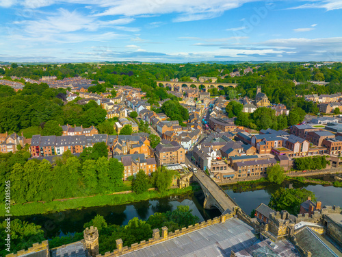 Historic city center of Durham aerial view including Framwellgate Bridge over River Wear. The Durham Castle and Cathedral is a UNESCO World Heritage Site since 1986.  © Wangkun Jia