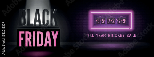 Neon countdown timer vector banner template. Vintage stencil font crazy discounts lettering. Bright spotlight beam and Black Friday 3d inscription with neon sign. Seasonal sale poster design layout
