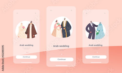 Arab Couples Wedding Ceremony Mobile App Page Onboard Screen Template. Traditional Muslim Groom and Bride Characters