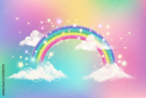 Fantasy unicorn background with clouds on rainbow sky. Magical landscape, abstract fabulous wallpaper with stars and sparkles. Arched realistic spectrum. Vector.