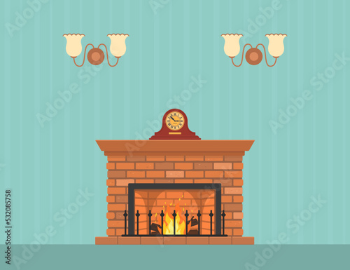 Retro fireplace with mantel clock on wall background