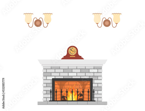 Retro fireplace with mantel clock on white background