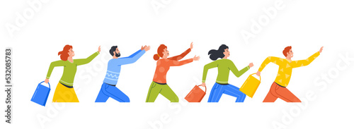 People Run, Characters Row Hurry for Sale, Shopping Discount, Businessmen, Businesswomen with Bags Late in Office