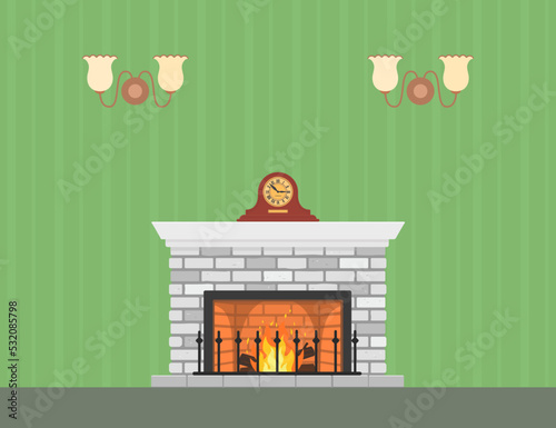 Retro fireplace with mantel clock on white background