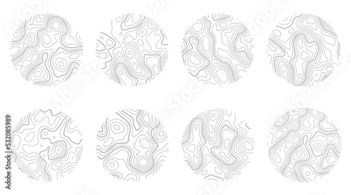 Wood texture with topography lines. Organic ripple wavy patterns. Tree rings set. Vector doodle illustration.