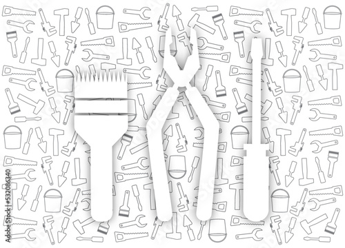 Handyman Tools pattern. Corporate web site elements & background. Vector graphics for fixing, plumbing, renovation tools in trendy line style.  White  pliers, brush, screwdriver with shadow. EPS10.