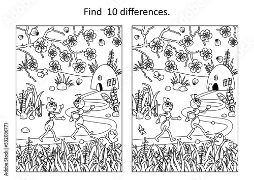 Ants are coming back to the anthill. Difference game, or picture puzzle, and coloring page. Black and white, printable.
