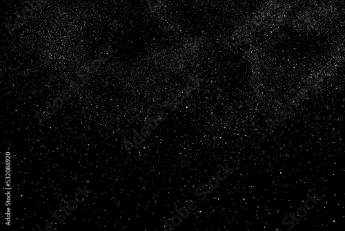 Distressed white grainy texture. Dust overlay textured. Grain noise particles. Snow effects pack. Rusted black background. Vector illustration, EPS 10.  