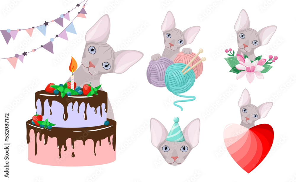 Naklejka premium A set of funny sphinx cats on a white background. Cartoon design. 
