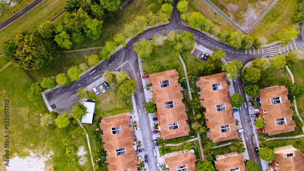 An Aerial top down view of luxury resident house. An Aerial top down view of luxury resident house.