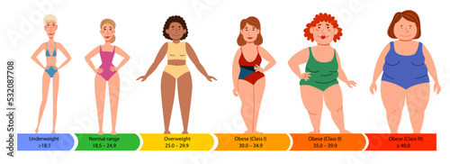 Categories with body mass index. Female silhouettes with a thick, normal and slender figure. Flat vector infographics with people with different metabolism, weight and skin color. photo