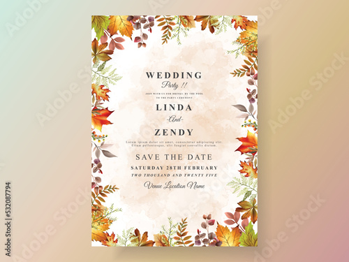 autumn wedding invitation card with pumpkin and mushroom and bird and leaves watercolor