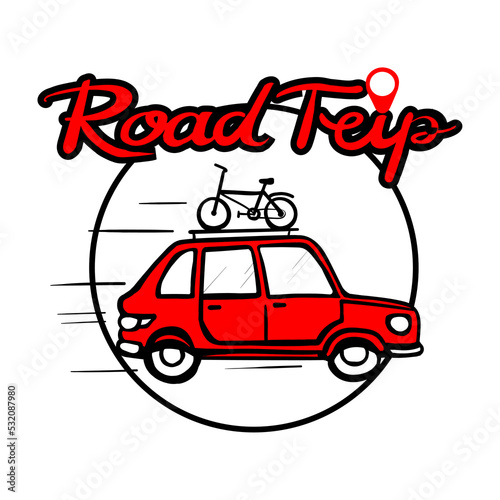 road trip logo with red car and bike