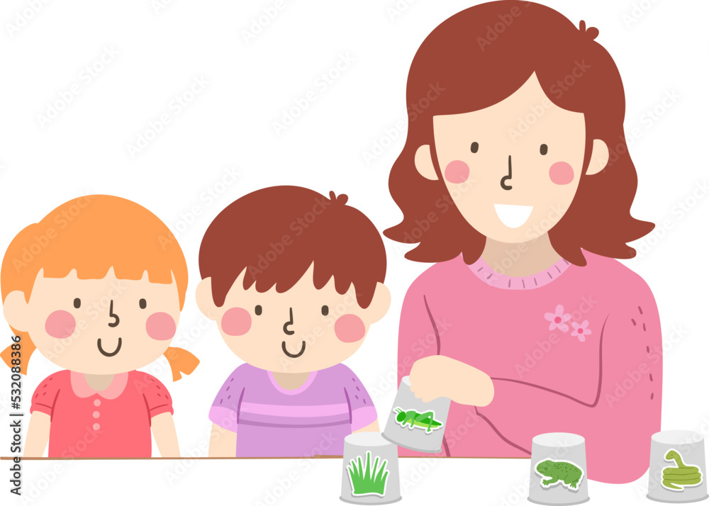 Girl Teacher Kids Food Chain Cups Illustration Girl Teacher Kids Food Chain Cups Illustration