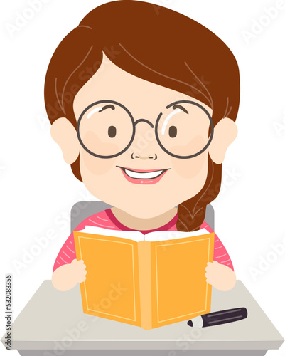 Girl Student Dwarfism Read Book Desk Illustration