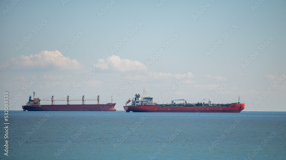 Istanbul, Turkey - 09/19/2022: Side view of a cargo ocean liner in the Black Sea. Tanker for transportation of oil, gas, industrial zone import export.