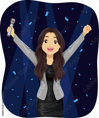 Teen Girl Singer Winner Hands Up Illustration