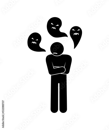 icon sad man surrounded by anxieties and bad thoughts, mental disorder illustration