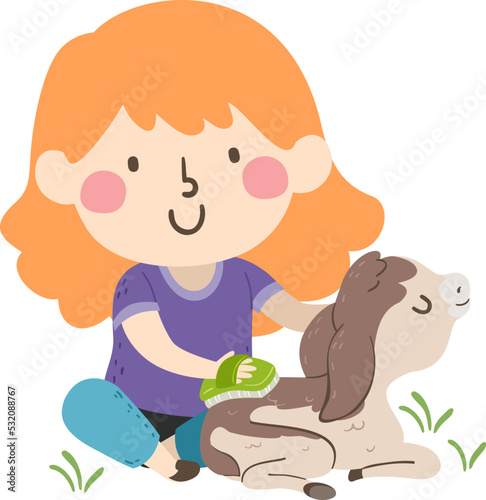 Goat Kid Girl Combing Brushing Illustration