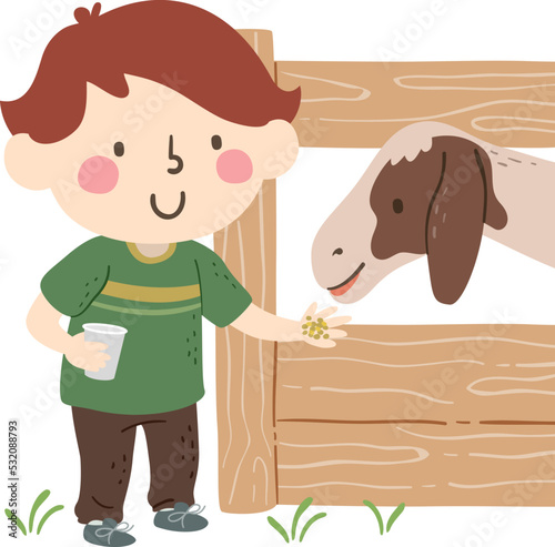 Kid Boy Feeding Goat Fence Illustration