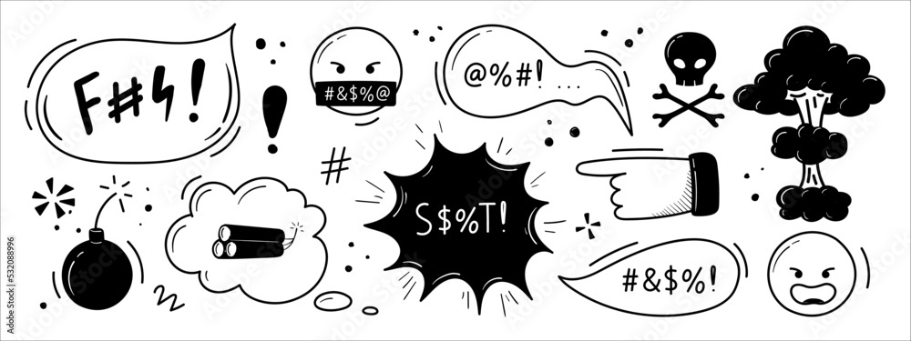 Obraz premium Set of speech bubbles of curses hand drawn in doodle style