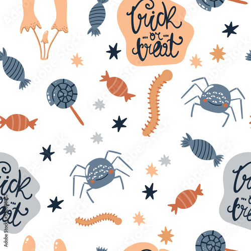 Halloween cartoon seamless pattern with lettering. Worms, sweets and poisonous mushrooms. Children Vector illustration