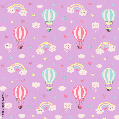 Seamless pattern with hot air balloon, kawaii rainbows, clouds, stars and hearts. Hand drawn childish pattern for wrapping, fabric, textile or paper projects.