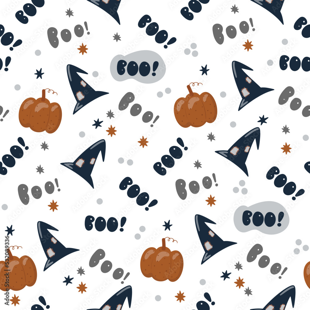 Halloween cartoon seamless pattern.Pumpkins and scary hats . 
 Children Vector illustration