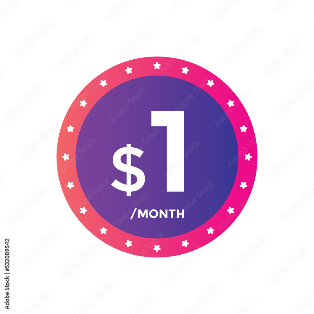 1 dollar USD a month. 1 Dollar price tag label in USD. one dollar Price tag template
1 dollar USD a month. 1 Dollar price tag label in USD. one dollar Price tag template