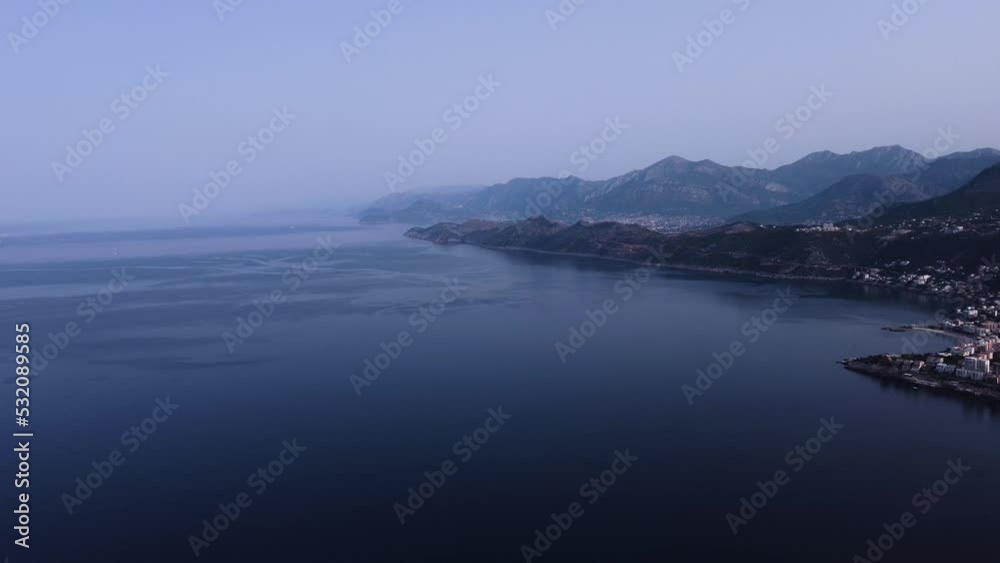 Hazy view of Montenegro mountainous shore at Adriatic sea, aerial Hazy view of Montenegro mountainous shore at Adriatic sea, aerial