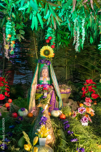 Tirupati, India 17th August 2022: Beautifully decorated Shivling on Hariyali Amavas or Sawan Amavasya. Devotees performing aarti and puja of Lord Shiva, Shiv ling or Lingam.  photo