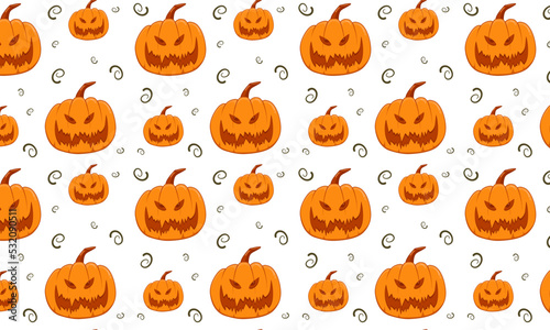 Seamless pattern with cartoon pumpkins. Happy halloween concept. Beautiful pattern of a frightening holiday. Vector illustration for seasonal textile prints, holiday banners, backdrops, or wallpapers.