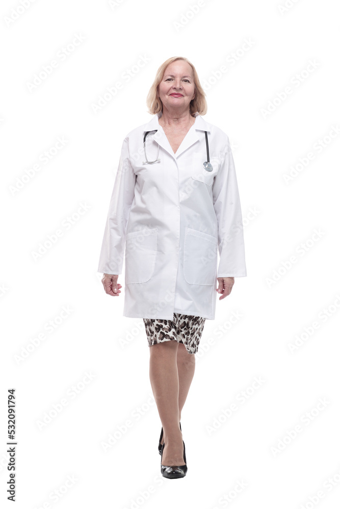 woman doctor in a white coat striding forward. woman doctor in a white coat striding forward.
