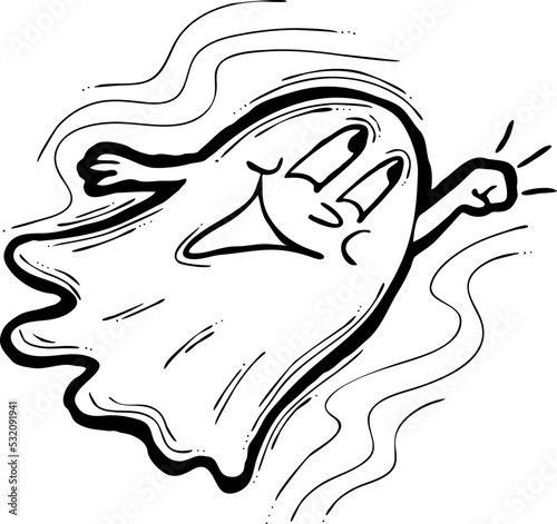 Scary cute Halloween ghost vector with funny face hand drawn illustration. Night spirit. Comic cartoon personage character for decorative design, poster print. decoration celebration, party invitation