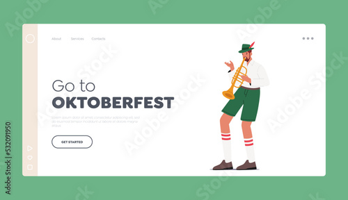 Oktoberfest Event Party Landing Page Template. Male Character Wear Bavarian Costume Playing Trumpet During Festival © Hanna Syvak