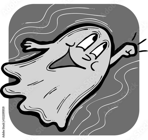 Scary cute Halloween ghost vector with funny face hand drawn illustration. Night spirit. Comic cartoon personage character for decorative design, poster print. decoration celebration, party invitation