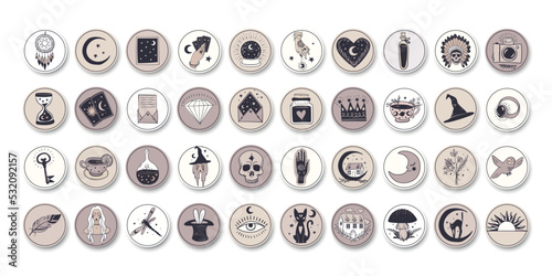 Big bunch of boho hand drawn icons, stylish. Modern cute witch logo, magic signs, mystical symbols for woman account, craft goods store. Set Vector illustration.