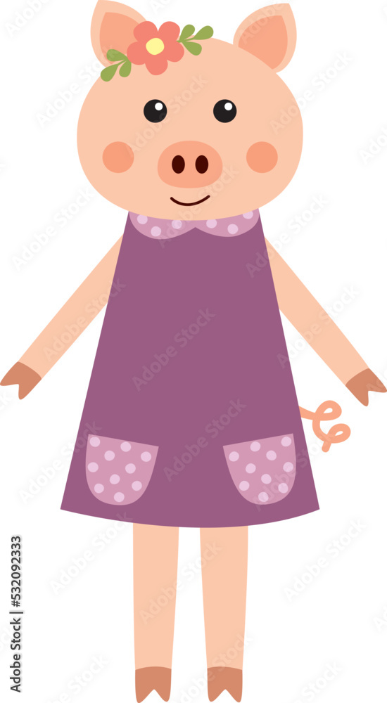 A cute little piglet character in a purple dress. Vector illustration A cute little piglet character in a purple dress. Vector illustration