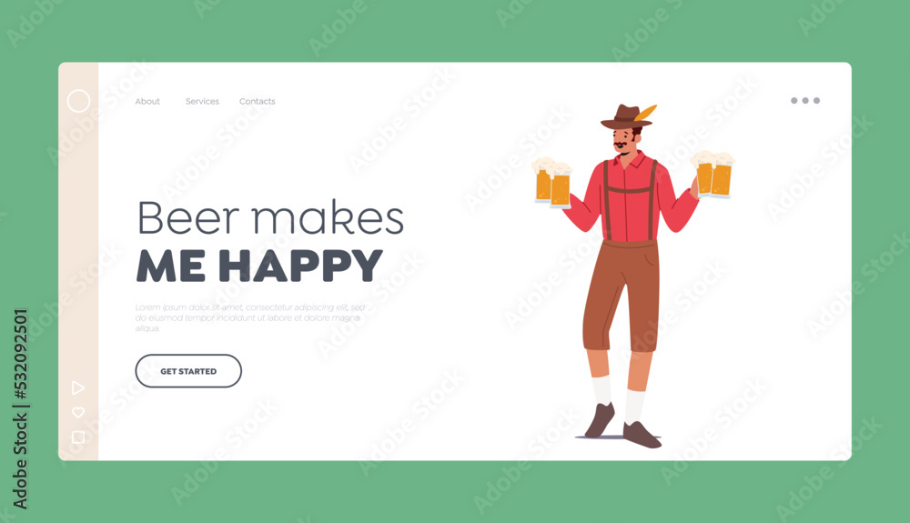 Traditional German Beer Fest Celebration Landing Page Template. Male Character Wear Bavarian Costume And Hat