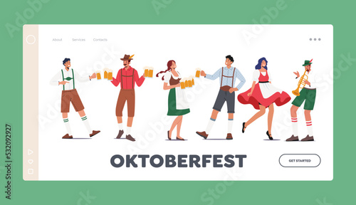 Traditional German Oktoberfest Landing Page Template. Characters Wear Bavarian Costume And Dress Celebrate Beer Festival