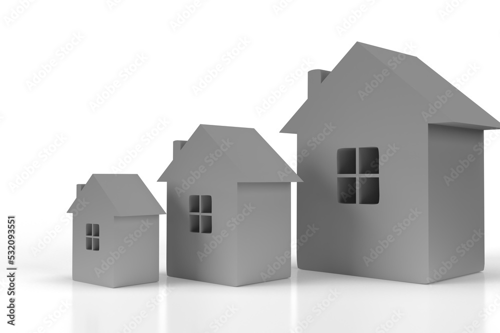 3d illustration. Three gray houses of different sizes on a white background. 3d illustration. Three gray houses of different sizes on a white background.
