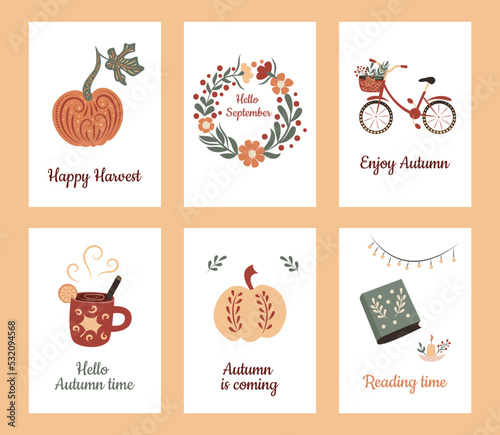 Collection of autumn postcards with inscriptions. Greeting card with pumpkin, wreath, bicycle, delicious drink and book.