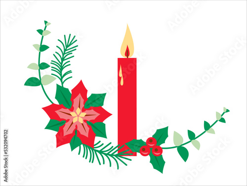 Christmas composition with Poinsettia flowers and decorative branches