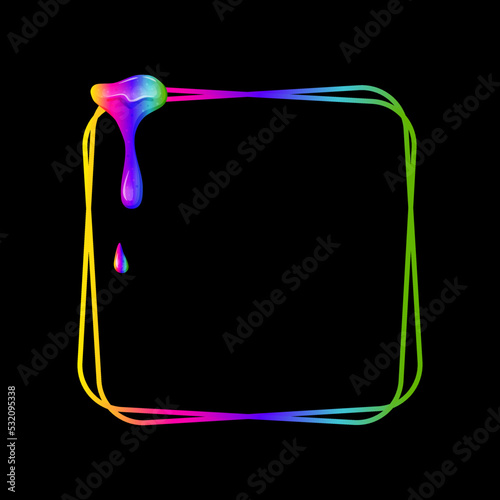 Square frame with a flowing rainbow slime. Dripping toxic viscous liquid. Vector cartoon illustration. 