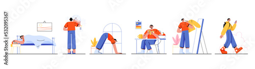 Morning routine of young man, flat character set. Male waking up, shaving, exercising, eating breakfast, dressing, walking outdoors with gadget in hand. Everyday life vector illustration on white