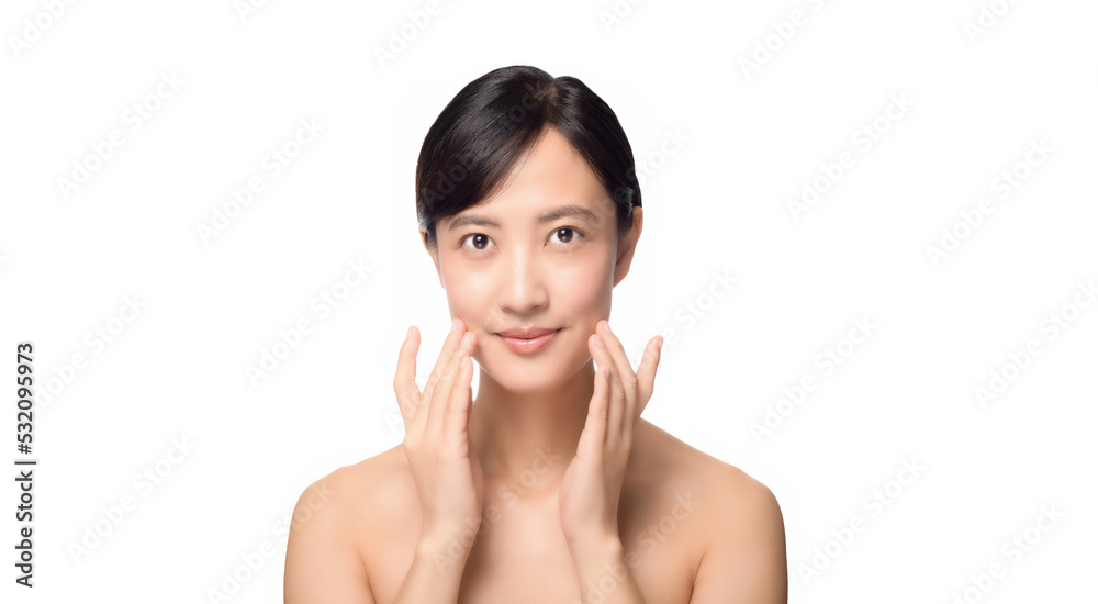 Portrait healthy pretty young woman isolated on white background. beautiful female model person applying cosmetic cream for skincare on fresh makeup clean face. spa, treatment, wellness concept. Portrait healthy pretty young woman isolated on white background. beautiful female model person applying cosmetic cream for skincare on fresh makeup clean face. spa, treatment, wellness concept.