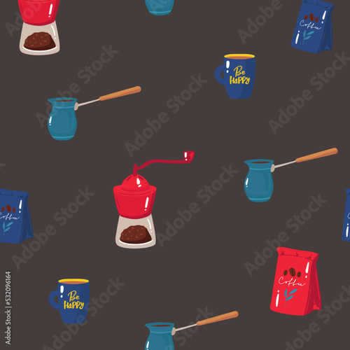 Vector hand drawn style coffee makers patten.Different kinds of coffee mugs, pots and coffee makers, glasses with macaroons, coffee beans and chocolate.Colorful, warm colors